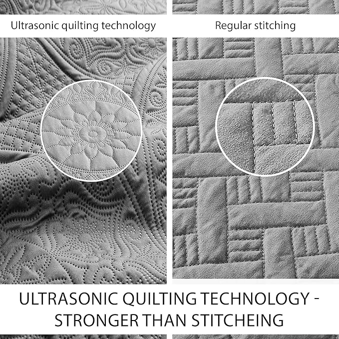 IR Imperial Rooms Queen Quilt Bedding Set Size (90" x 96") + 2 Pillow Shams (20" x 26"+ 2") - 3 Pcs All Season Lightweight Reversible Microfiber Coverlet Floral Embossed Quilt Bedspread (Grey)