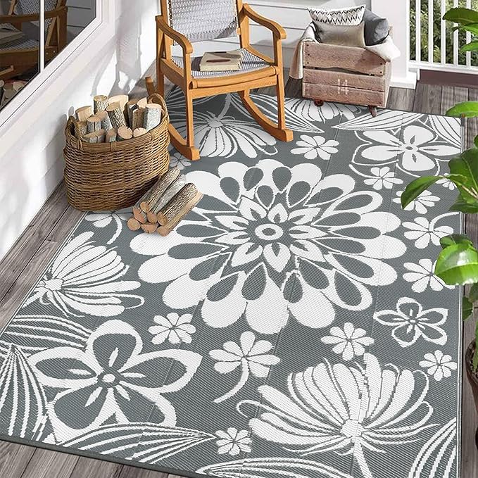 Ileading Outdoor Plastic Straw Rug 6x9ft Funny Floral Style Reversible Patio Area Rugs Waterproof Non Shedding Portable Carpets for Rv Outside Deck Pool Beach Picnic Camping (Grey)