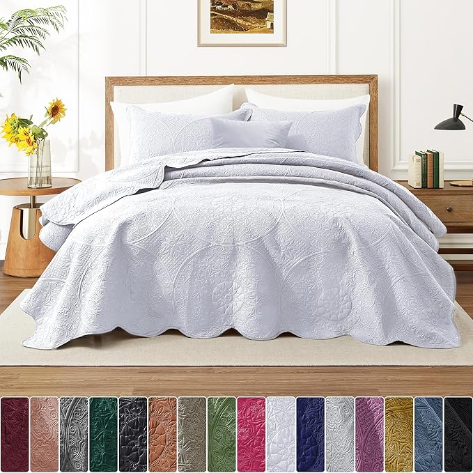 IR Imperial Rooms Twin Quilt Bedding Set Size (68” x 86”) + 1 Pillow Shams (20” x 26” + 2”) - 2 Pcs All Season Lightweight Reversible Microfiber Coverlet Floral Embossed Quilt Bedspread (White)