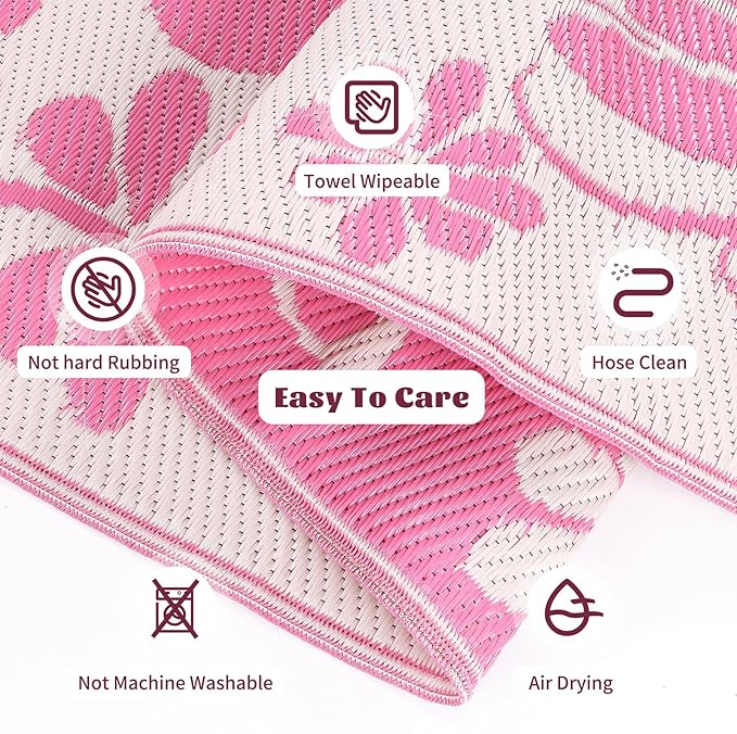 Ileading Outdoor Plastic Straw Rug 6x9ft Funny Floral Style Reversible Patio Area Rugs Waterproof Non Shedding Portable Carpets for Rv Outside Deck Pool Beach Picnic Camping (Pink)