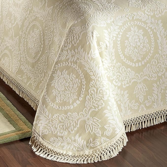 Timeless Vintage Style Bedding with Fringe | Neutral Sage and Ecru Hues | Textured Matelasse Rose Medallions and Leaves | 3 Piece Lightweight Set: Oversized California King Bedspread & 2 King Shams