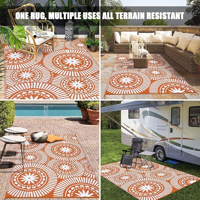 Ileading Outdoor Plastic Straw Rug 6x9ft Modern Geometric Style Reversible Patio Area Rugs Waterproof Non Shedding Portable Carpets for Rv Outside Deck Pool Beach Picnic Camping (Orange)