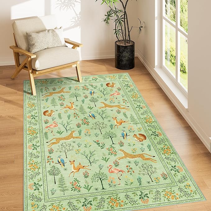 DUKINO 4x6 Rug, Washable Animal Area Rug with Non Slip Vintage Design, Indoor Soft Low Pile Carpet for Bedroom, Nursery, Dining Room, Farmhouse, Playroom, Light Green