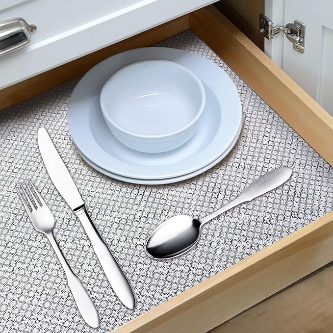 RAY STAR 18X96 Inch Shelf Liner for Kitchen Cabinets, Non-Adhesive Cabinet Liner Washable, PVC Drawer Liner for Dresser Non-Slip Bathroom (Black Circle)(4 Roll)