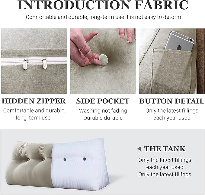 Wedge Headboard Pillow Dorm Room Reading Pillow Back Support for Sitting Up in Bed Bolster Lumbar Cushion Body Positioning Bedrest Velvet 54in Light Tan Full