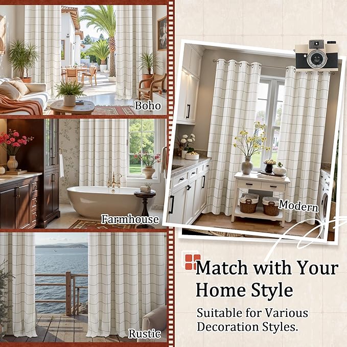 Linen Blackout Curtains for Living Room - Plaid Patterned Curtains 72 Inch Long, Boho Black Out Thermal Insulated Drapes for Bedroom Grommet Style 52x72 Inch 2 Panels, Dark Green