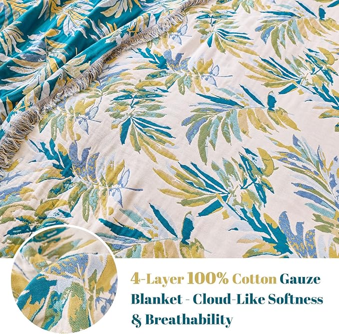 MSGKV Boho Throw Blanket for Bed Cotton 60"x80" Leaves Blanket Twin Size Couch All Seasons Muslin Breathable Lightweight Farmhouse Blankets