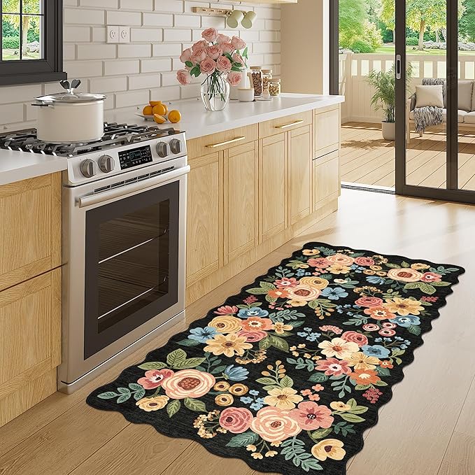 DUKINO 2x4 Washable Runner Rugs, Non Slip Floral Print Entryway Rug with Soft Low Pile, Lightweight Mat for Living Room, Bathroom, Bedroom, Kitchen, Black