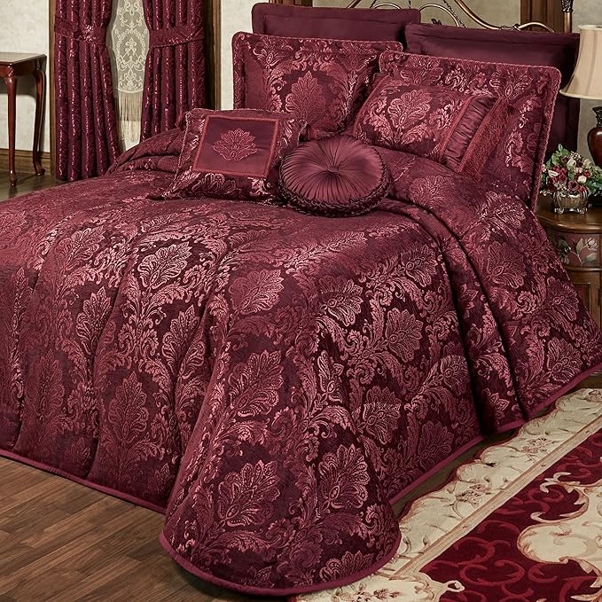 Touch of Class Camelot Luxury Bedding | Robust Burgundy | Matte Satin Damask on Richly Textured Jacquard-Woven Chenille | Designed 3 Piece Set Includes Cal King Quilted Bedspread & 2 King Shams