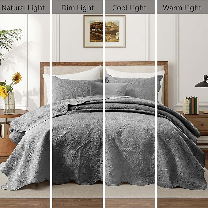 IR Imperial Rooms King Quilt Bedding Set Size (106" x 96") + 2 Pillow Shams (20" x 36"+ 2") - 3 Pcs All Season Lightweight Reversible Microfiber Coverlet Floral Embossed Quilt Bedspread (Grey)