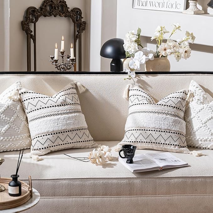 BlissBlush Decorative Throw Pillow Cover 18x18 Combo Set of 2 Square Boho Black Neutral Accent Pillowcase Tassels Farmhouse Cushion for Couch Sofa Bedroom Living Room Home Décor Cover ONLY