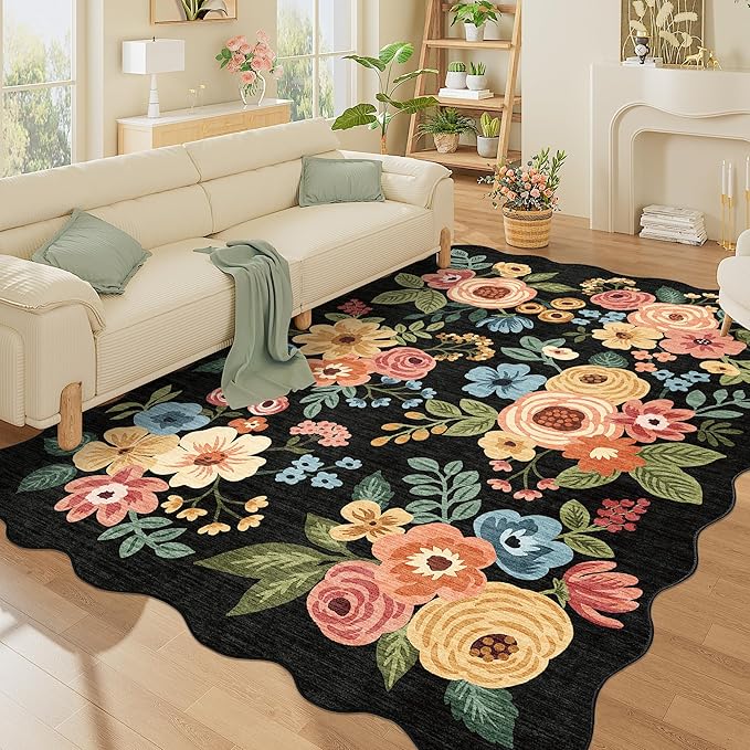 DUKINO 5x7 Area Rug, Floral Washable Rugs for Living Room with Non Slip Backing & Non-Shedding, Lightwight Low Pile Boho Design Large Carpets for Bedroom, Living Room, Dining Room, Black