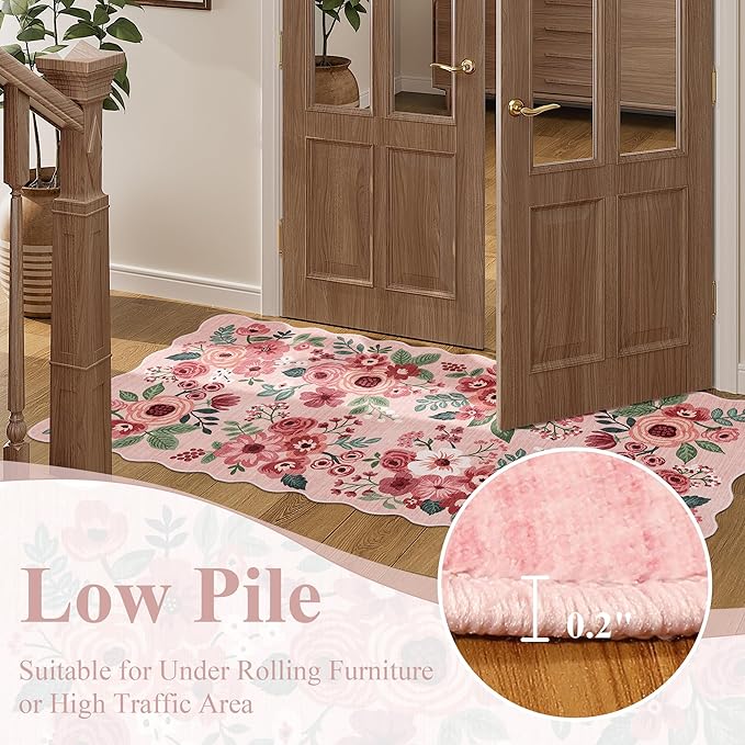 DUKINO 3x5 Area Rug, Floral Non-Slip Indoor Washable Rug with Low Pile & Non-Shedding, Lightwight Boho Design Carpet for Entryway, Bedroom, Kids Room, Living Room, Kitchen, Pink