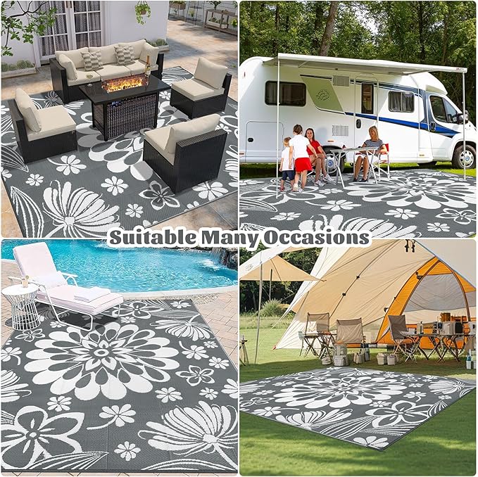 Ileading Outdoor Plastic Straw Rug 9x12ft Funny Floral Style Reversible Patio Area Rugs Waterproof Non Shedding Portable Carpets for Rv Outside Deck Pool Beach Picnic Camping (Grey)