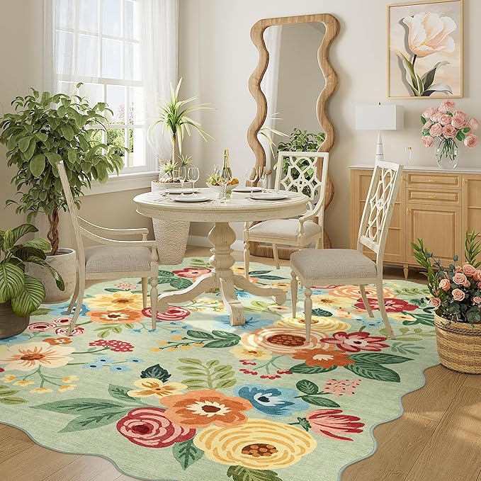 DUKINO 5x7 Area Rug, Floral Washable Rugs for Living Room with Non Slip Backing & Non-Shedding, Lightwight Low Pile Boho Design Large Carpets for Bedroom, Living Room, Dining Room, Green