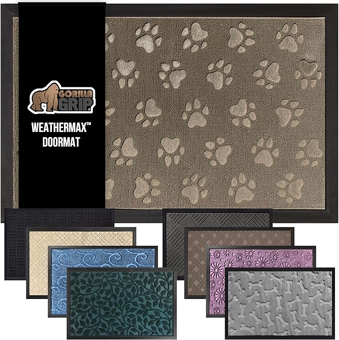GORILLA GRIP 100% Waterproof All-Season WeatherMax Doormat, 47x35, US Designed Natural Rubber, Stain and Fade Resistant, Low Profile Indoor Outdoor Door Mats, Easy Clean Patio Mat, Tan Pawprints