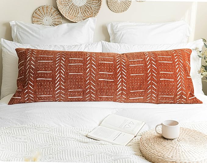 BlissBlush Fall Brick Red Soft Chenille Boho Body Pillow Cover 20x54, Decorative Oversized Long Lumbar Pillow, Boho Textured Oversize Body Pillow, Cover ONLY