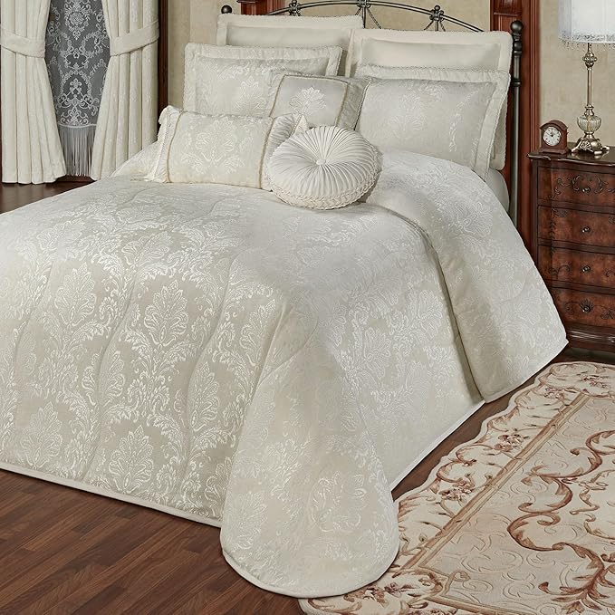 Touch of Class Camelot Luxury Bedding | Neutral Ivory | Matte Satin Damask on Richly Textured Jacquard-Woven Chenille | Designed 3 Piece Set Includes Queen Quilted Bedspread and 2 Standard Shams