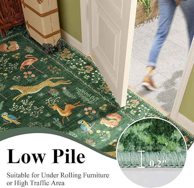 DUKINO 2x4 Rug for Hallway, Washable Kitchen Runner Rug with Non Slip Backing, Soft Low Pile Vintage Animal Runner for Bedroom, Kitchen, Hallway, Entryway, Laundry, Green