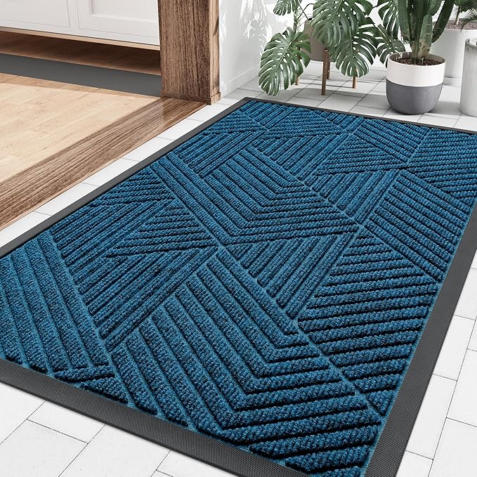Smiry Front Door Mat Outside Entrance, Heavy Duty Sturdy Natural Rubber Doormat, Trap Dirt and Moisture, Easy Clean Low Profile Mats for Indoor Outdoor Entry, Irregular Triangle (36x24, Mixed Blue)