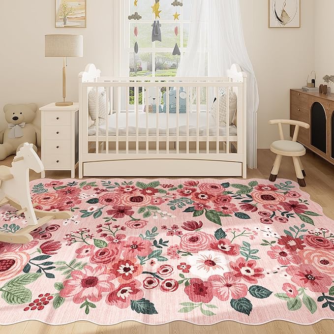 DUKINO 6x9 Area Rug, Floral Washable Rugs for Living Room with Non Slip Backing & Non-Shedding, Lightwight Low Pile Boho Design Large Carpets for Bedroom, Living Room, Dining Room, Pink