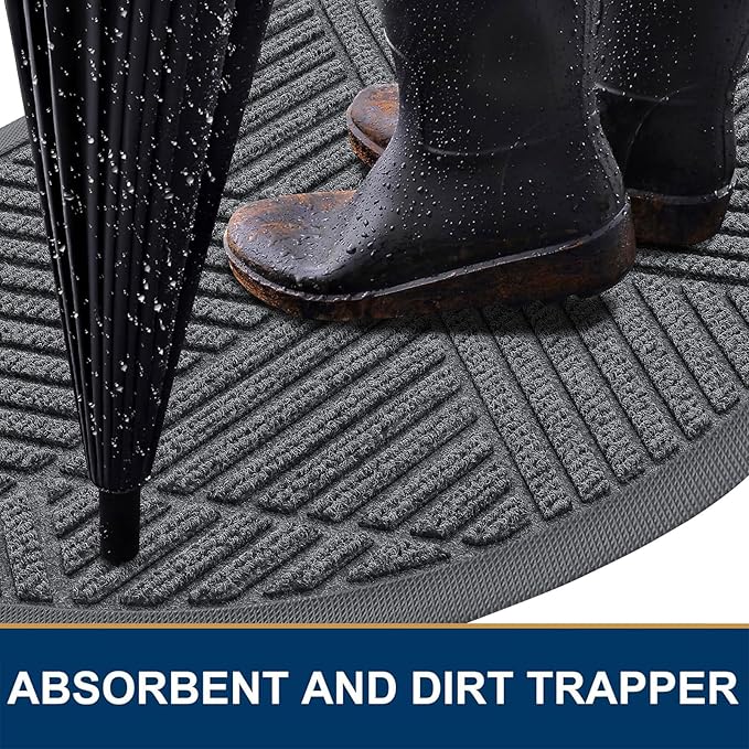 Smiry Half Circle Front Door Mat Outside Entrance, Heavy Duty Sturdy Natural Rubber Doormat, Trap Dirt and Moisture, Low Profile Mats for Indoor Outdoor Entry, Irregular Triangle (36x24, Grey)