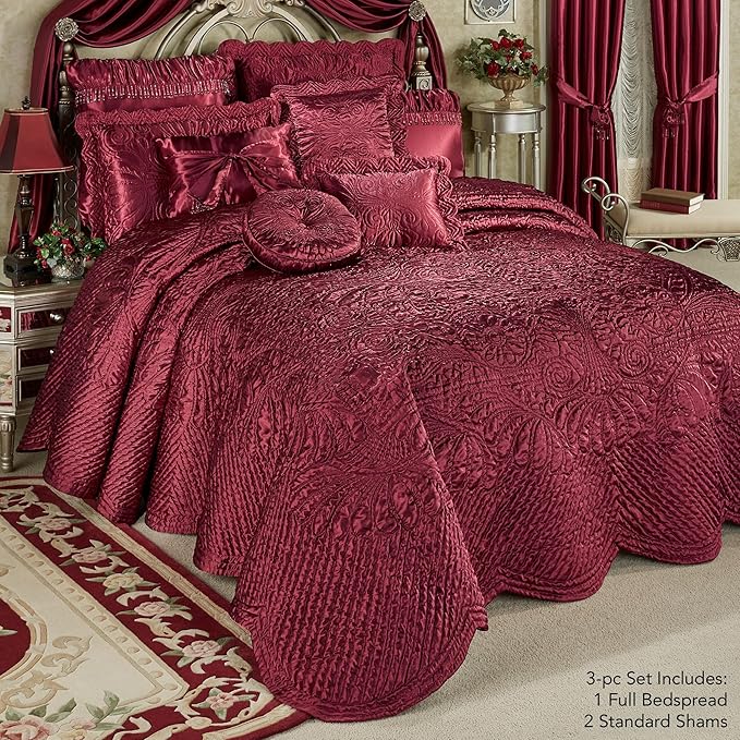Touch of Class Portia Luxury Bedding | Rich Ruby Red | Premier Quilted Polyester Satin | Romantic Hand Guided Machine Quilted Scroll Design 3 Piece Set with Full Bedspread and 2 Standard Shams