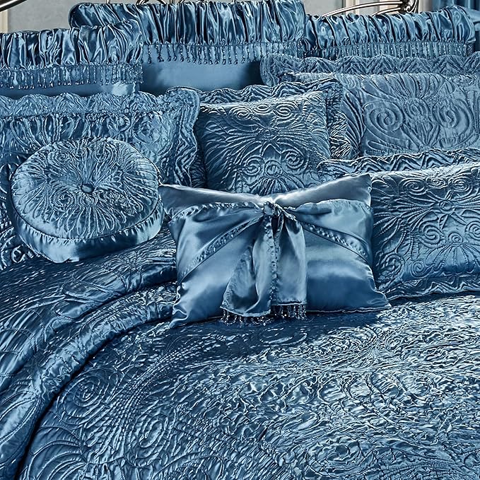 Touch of Class Portia Luxury Bedding | Sapphire | Quilted Polyester Satin | Romantic Hand Guided Machine Quilted Scroll Design 7 Piece Set with King Bedspread, 2 King Shams, 4 Pillows