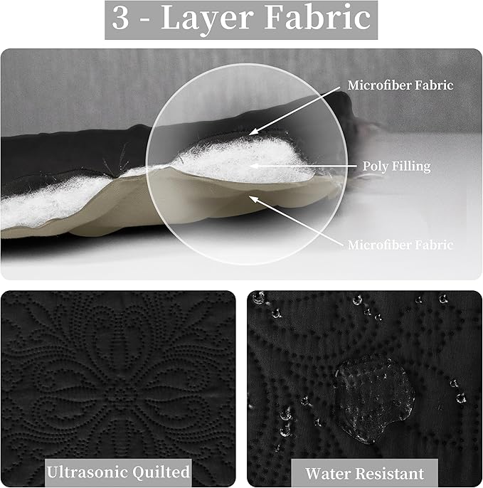 Easy-Going Twin Size Reversible Quilt Set with 1 Quilt and 1 Pillow Sham, Soft Bed Quilt Cover, Water Resistant Lightweight Microfiber Bedspread, Stain Resistant, Damask-Black/Beige