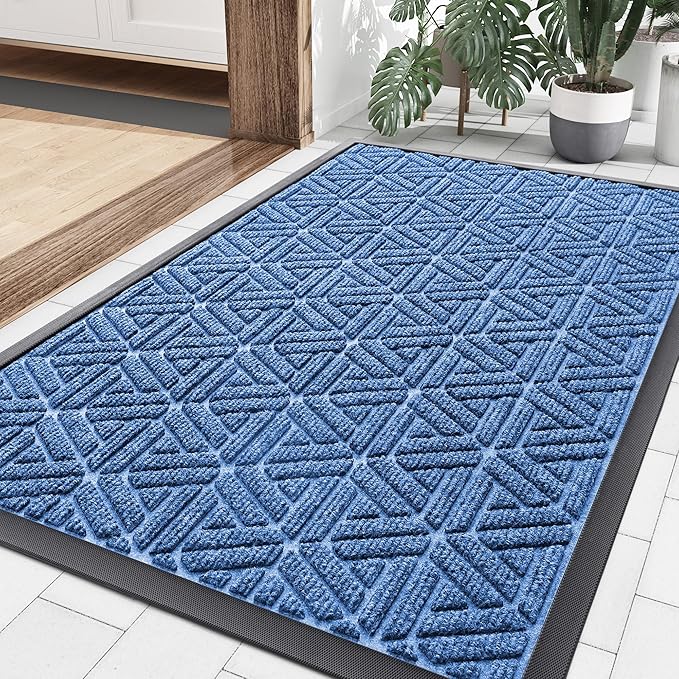 Smiry Front Door Mat Outside Entrance, Heavy Duty Sturdy Natural Rubber Doormat, Trap Dirt and Moisture, Easy Clean Low Profile Mats for Indoor Outdoor Entry, Grid Geometric (36x24, Blue)