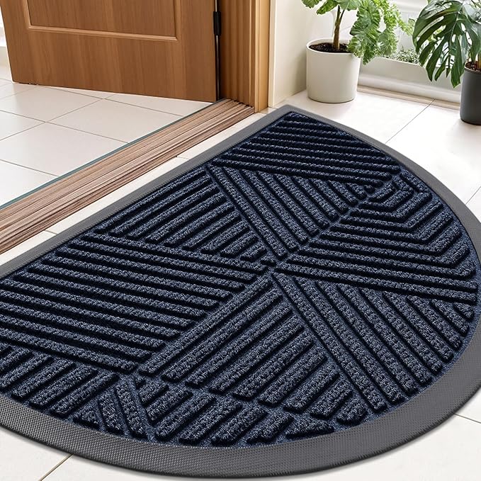 Smiry Half Circle Front Door Mat Outside Entrance, Heavy Duty Sturdy Natural Rubber Doormat, Trap Dirt and Moisture, Low Profile Mats for Indoor Outdoor Entry, Irregular Triangle (36x24, Navy Blue)