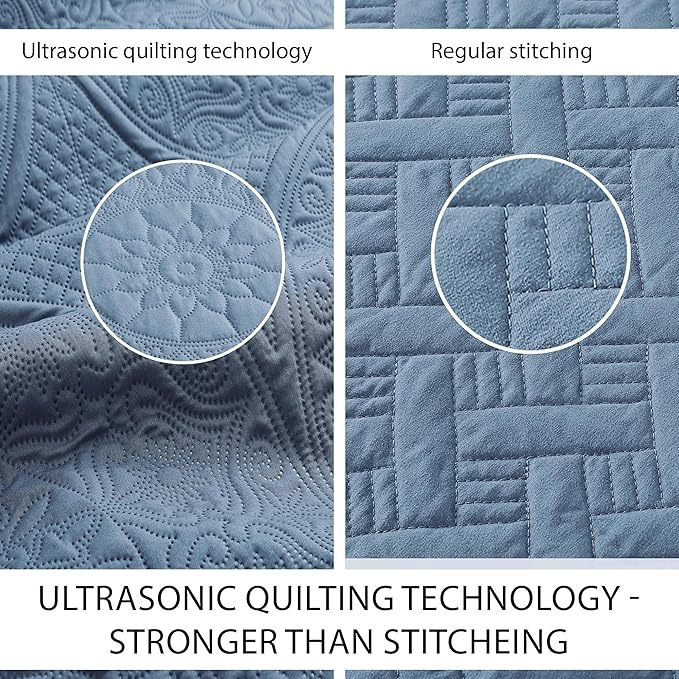 IR Imperial Rooms King Quilt Bedding Set Size (106" x 96") + 2 Pillow Shams (20" x 36"+ 2") - 3 Pcs All Season Lightweight Reversible Microfiber Coverlet Floral Embossed Quilt Bedspread (Light Blue)