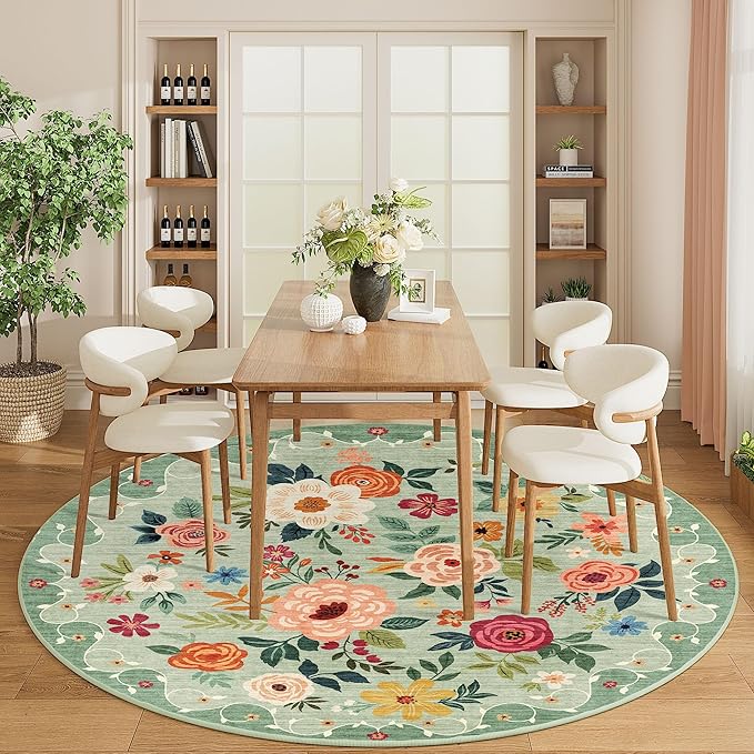 DUKINO Floral Round Rug, 6ft Washable Circle Rug, Non Slip Indoor Low Pile Circle Rug, Soft Small Boho Design Carpet for Bedroom, Entryway, Living Room, Dining Room, Green