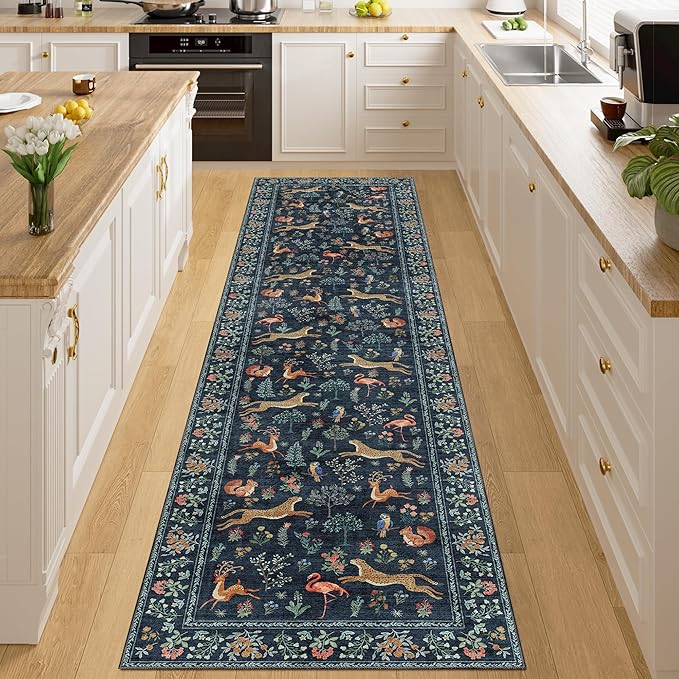 DUKINO Runner Rug, 2x8 Washable Kitchen Rugs for Hallways with Non Slip Backing, Soft Low Pile Vintage Animal Runner for Kitchen, Hallway, Entryway, Laundry, Bedroom, Navy Blue