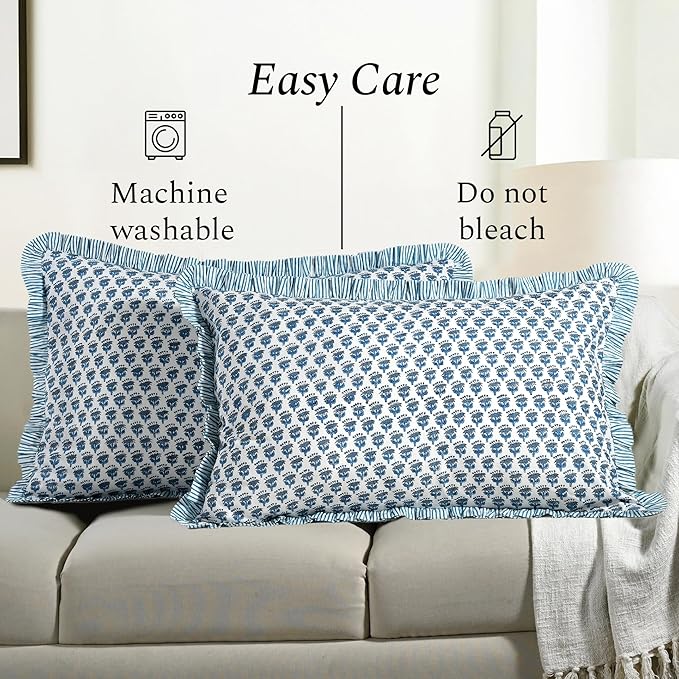 CPC Apatite Blue 100% Cotton Block Print Ruffle Sham Cover 20X30 inch Pack of 2, Handmade Boho Floral Pillowcase, Soft Decorative Lumar Cushion Cover for Bedroom Décor