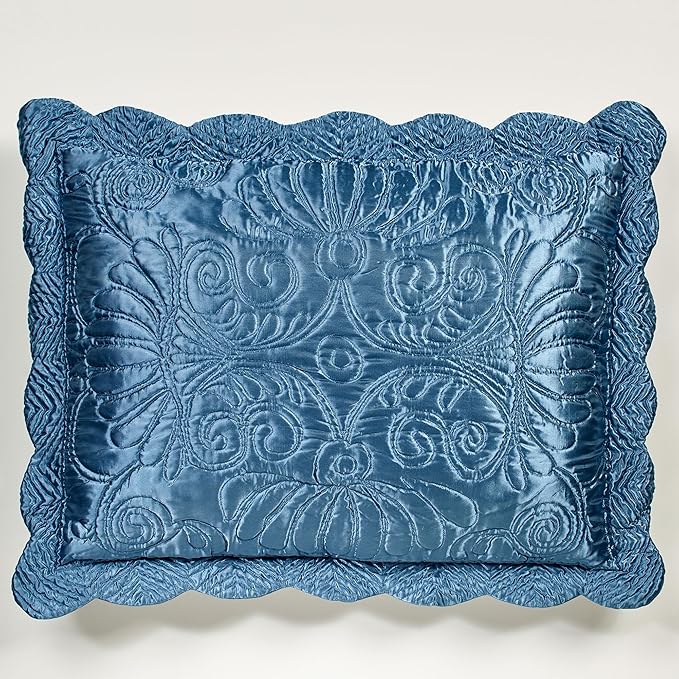 Touch of Class Portia Luxury Bedding | Rich Sapphire Blue | Premier Quilted Polyester Satin | Romantic Hand Guided Machine Quilted Scroll Design 3 Piece Set: King Oversized Bedspread, 2 King Shams