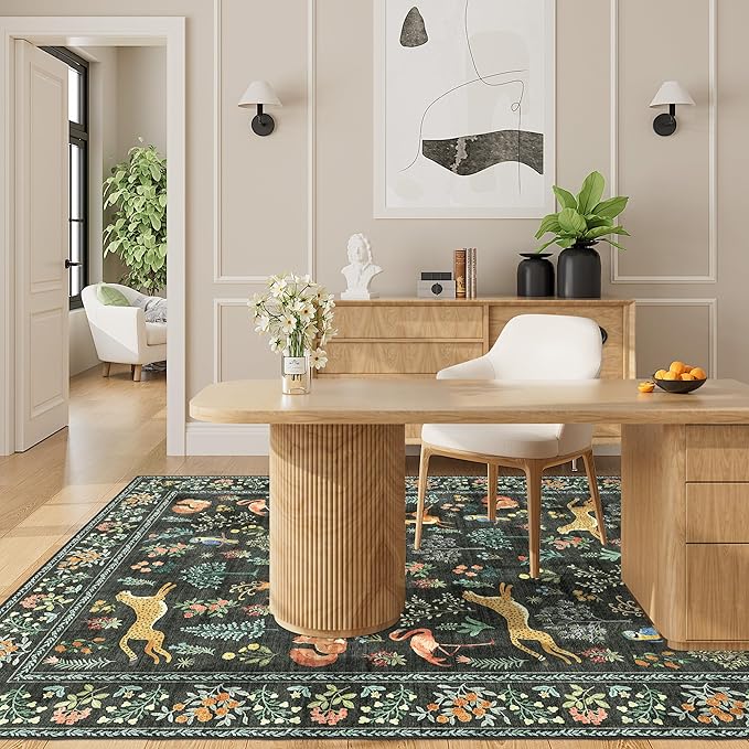 DUKINO 4x6 Rug, Washable Animal Area Rug with Non Slip Vintage Design, Indoor Soft Low Pile Carpet for Bedroom, Nursery, Dining Room, Farmhouse, Playroom, Black