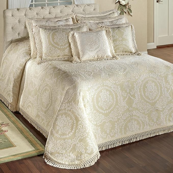 Timeless Vintage Style Bedding | Neutral Sage and Ecru | Textured Matelasse Rose Medallions and Leaves | 6 Piece Lightweight Bed Set: Oversized Queen Bedspread, 4 Standard Shams & Square Accent Pillow