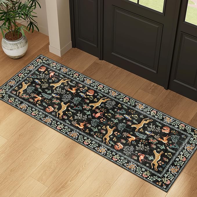DUKINO 2x5 Rug for Hallway, Washable Kitchen Runner Rug with Non Slip Backing, Soft Low Pile Vintage Animal Runner for Bedroom, Kitchen, Hallway, Entryway, Laundry, Black