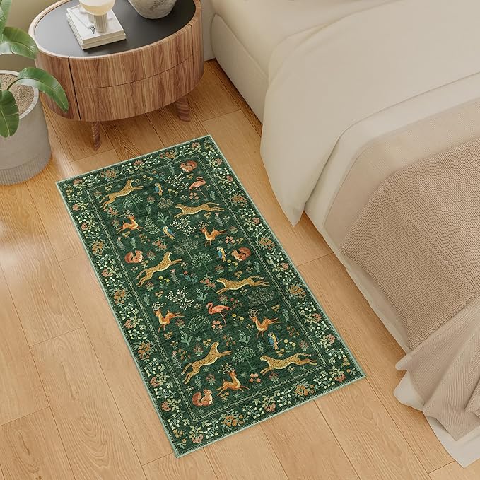 DUKINO 2x4 Rug for Hallway, Washable Kitchen Runner Rug with Non Slip Backing, Soft Low Pile Vintage Animal Runner for Bedroom, Kitchen, Hallway, Entryway, Laundry, Green