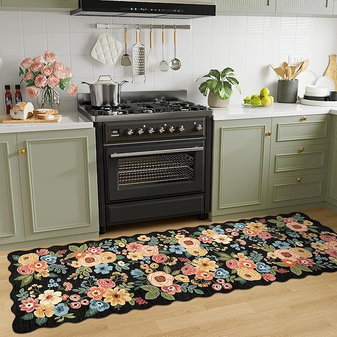 DUKINO 2.6x8 Runner Rug for Hallway, Washable Kitchen Rug with Non Slip Backing & Non-Shediing, Soft Low Pile Floral Design Runner for Bedroom, Kithchen, Living Room, Laundry, Bathroom, Black
