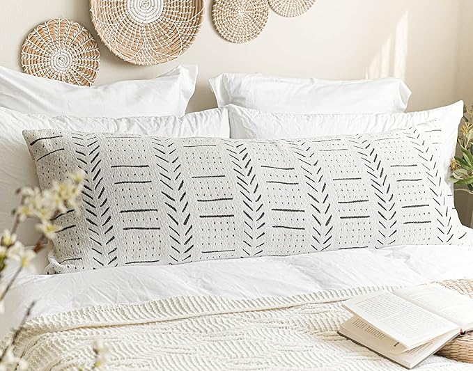 BlissBlush White Soft Chenille Boho Body Pillow Cover 20x54, Decorative Oversized Long Lumbar Pillow, Boho Textured Oversize Body Pillow, Cover ONLY