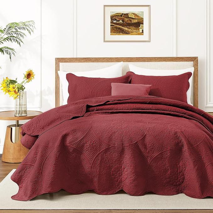 IR Imperial Rooms Twin Quilt Bedding Set Size (68” x 86”) + 1 Pillow Shams (20” x 26” + 2”) - 2 Pcs All Season Lightweight Reversible Microfiber Coverlet Floral Embossed Quilt Bedspread (Burgundy)