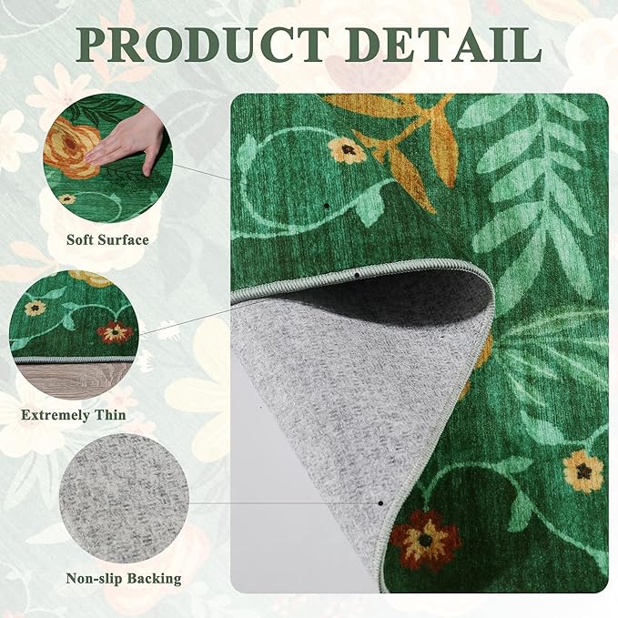 DUKINO 3x5 Area Rug, Floral Rugs for Living Room, Lightweight Non Slip Washable Rug, Indoor Low Pile & Non-Shedding Boho Design Rugs for Bedroom, Living Room, Dining Room, Dark Green