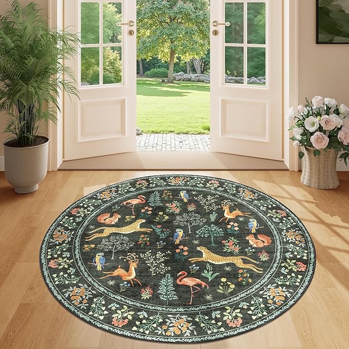 DUKINO 4ft Round Rug, Washable Round Area Rug, Non Slip Indoor Low Pile Animal Design, Soft Small Vintage Circle Carpet for Bedroom, Entryway, Living Room, Dining Room, Black