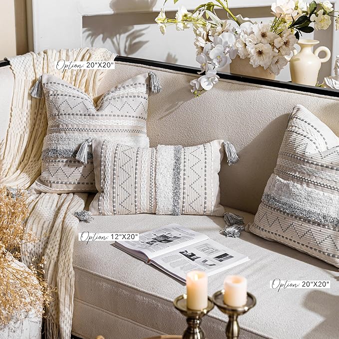BlissBlush Gray Decorative Throw Pillow Cover 18X18 Combo Set of 2 Square Boho Neutral Grey Accent Pillowcase Tassels Farmhouse Cushion for Couch Sofa Bedroom Living Room Home Décor Cover ONLY