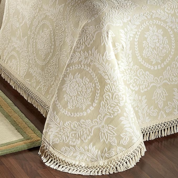 Timeless Vintage Style Bedding with Fringe | Neutral Sage and Ecru Hues | Textured Matelasse Rose Medallions and Leaves | 5 Piece Lightweight Set: Oversized California King Bedspread & 4 King Shams