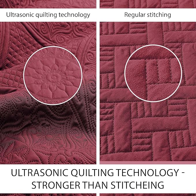 IR Imperial Rooms Twin Quilt Bedding Set Size (68” x 86”) + 1 Pillow Shams (20” x 26” + 2”) - 2 Pcs All Season Lightweight Reversible Microfiber Coverlet Floral Embossed Quilt Bedspread (Burgundy)
