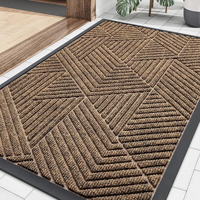 Smiry Front Door Mat Outside Entrance, Heavy Duty Sturdy Natural Rubber Doormat, Trap Dirt and Moisture, Easy Clean Low Profile Mats for Indoor Outdoor Entry, Irregular Triangle (36x24, Brown)