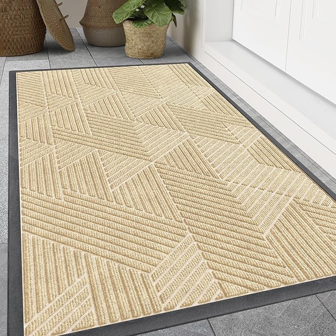 Smiry Front Door Mat Outside Entrance, Heavy Duty Sturdy Natural Rubber Doormat, Trap Dirt and Moisture, Easy Clean Low Profile Mats for Indoor Outdoor Entry, Irregular Triangle (59x24, Beige)